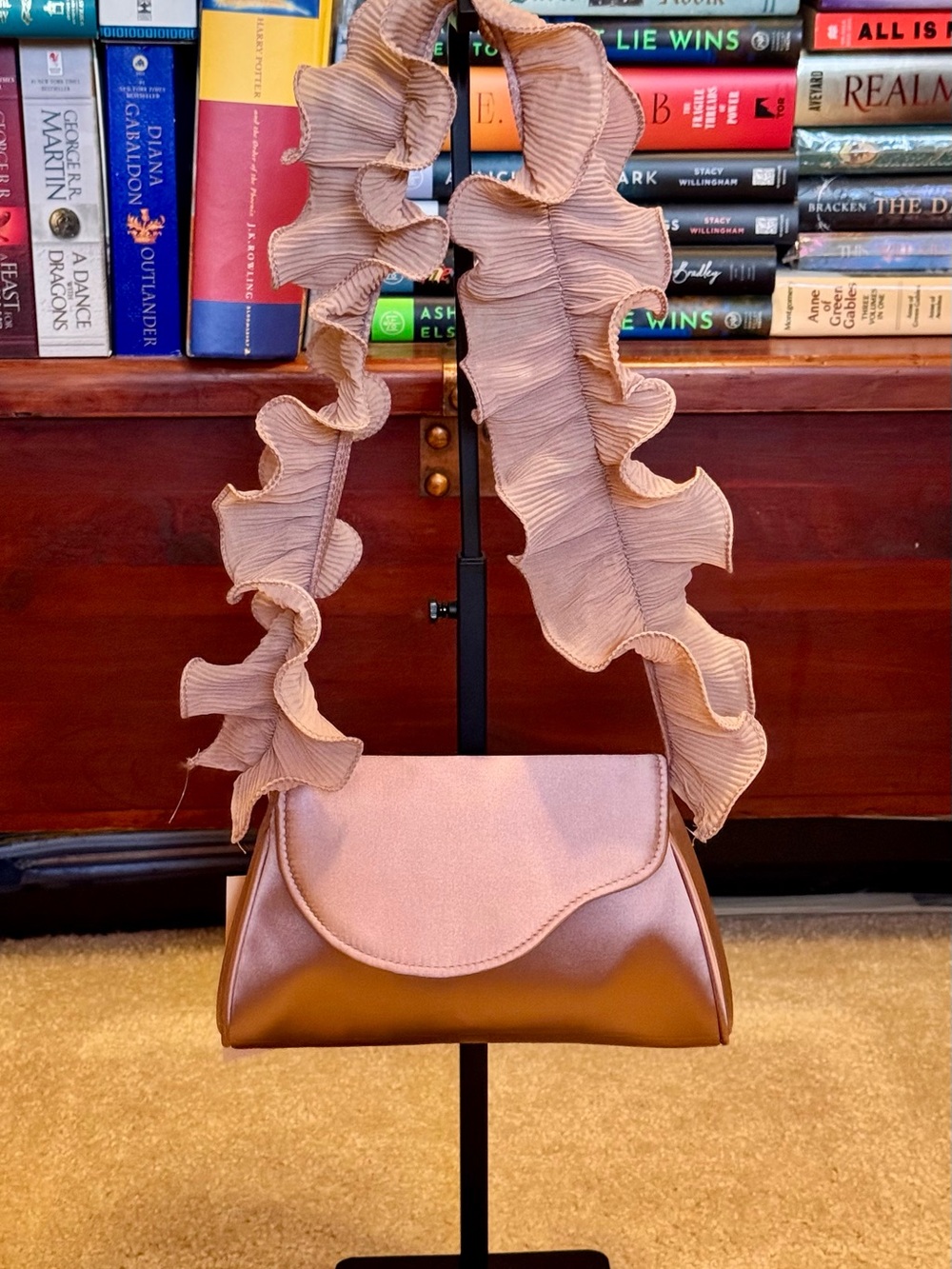 Jewel Badgley Mischka Two-Tone Brown and Dusty Rose Ruffle Strap Crossbody